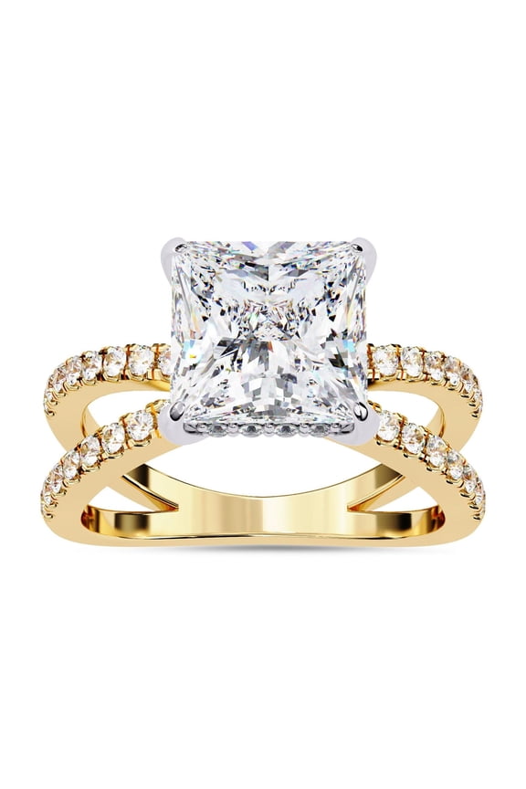 Split Shank Hidden Halo Solitaire Engagement Ring for Women Center 7.5MM Princess and Round Lab Created Moissanite Rings Jewelry Gift for Her In 10K Solid Yellow Gold Size 9