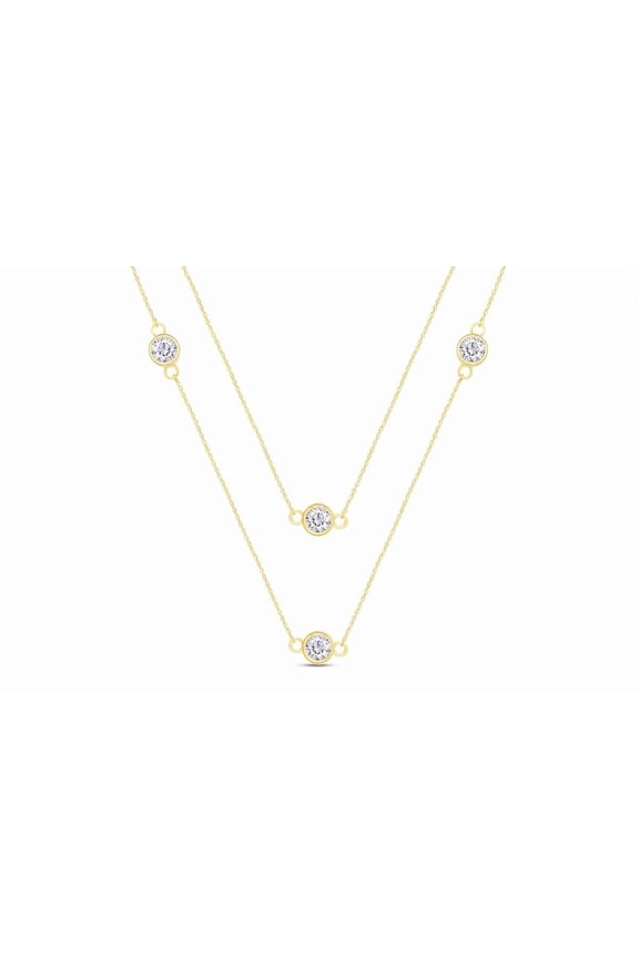 Sterling Silver Bezel Set Station Chain Necklace Women 3MM Round Cubic Zirconia-24