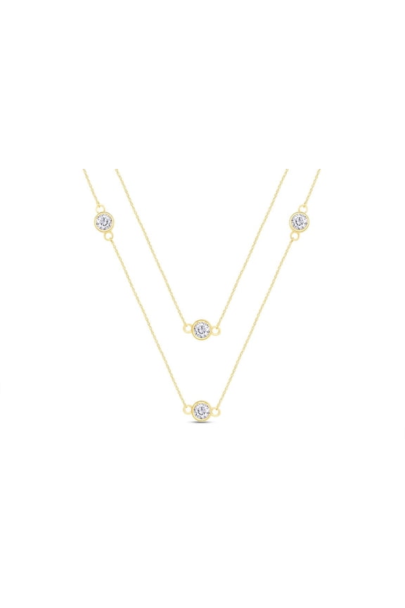 Sterling Silver Bezel Set Station Chain Necklace Women 3MM Round Cubic Zirconia (16, yellow-gold-plated-silver)