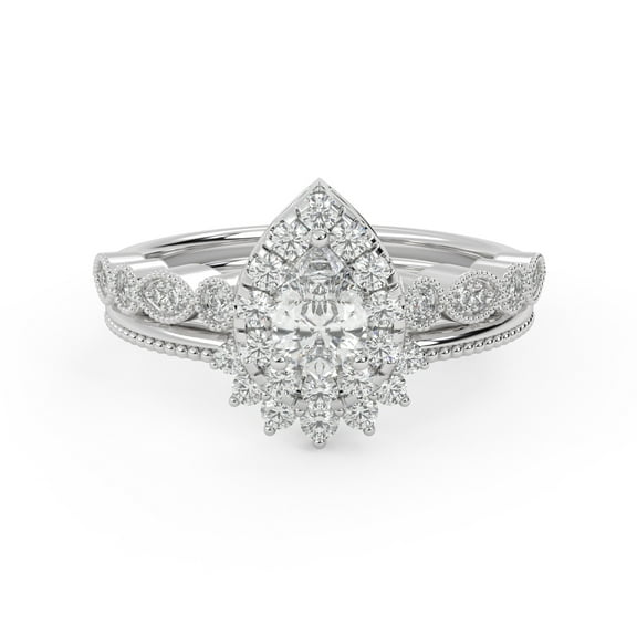 AFFY Teardrop Beaded Halo Bridal Set Rings for Women, 0.75 Cttw Pear And Round Lab Grown Diamond Engagement Wedding Ring 14K White Gold Over 925 Sterling Silver F-G-H, SI Quality Ring Size-4