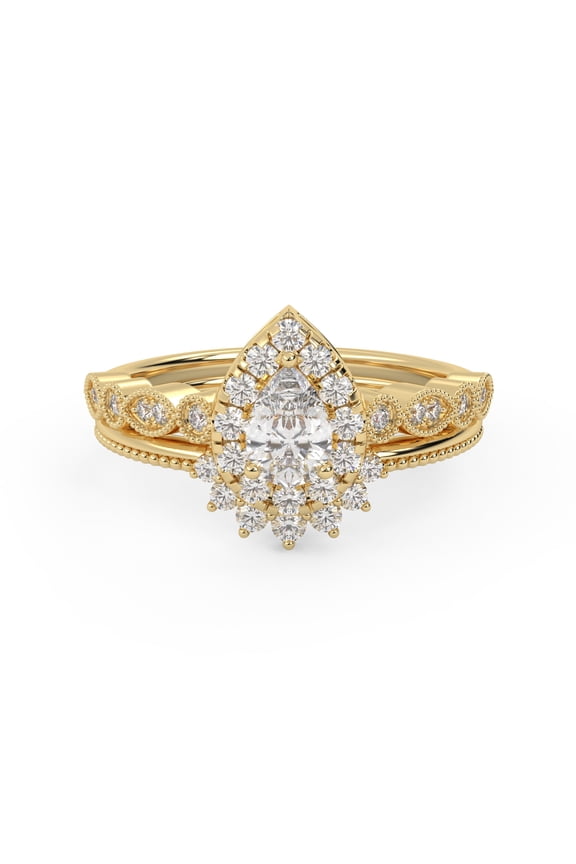 Teardrop Beaded Halo Bridal Set Rings for Women, 0.75 Cttw Pear And Round Lab Grown Diamond Engagement Wedding Ring 14K Yellow Gold Over 925 Sterling Silver F-G-H, SI Quality Ring Size-5