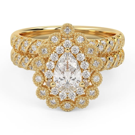 AFFY Teardrop Double Halo Bridal Set Rings for Women Center 7X4.5MM Pear and Round Cut Lab Created Moissanite Engagement Wedding Ring In 14K Solid Yellow Gold Size 6.5