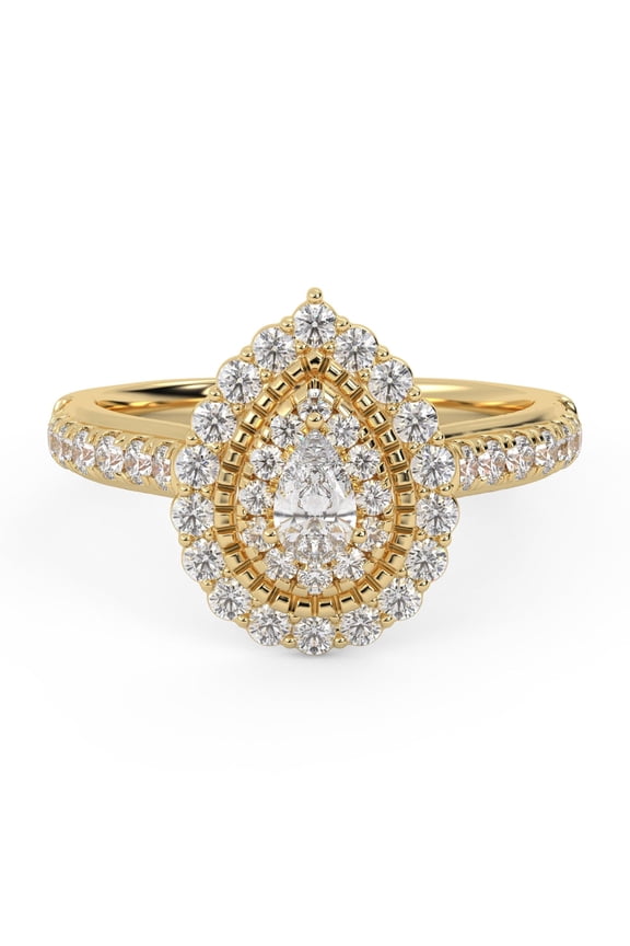 Teardrop Double Halo Engagement Ring for Women, 0.90 Carat (ctw) Pear And Round Cut Lab Grown Diamond Ring In 14K Yellow Gold Over 925 Sterling Silver F-G-H, SI Quality Ring Size-7