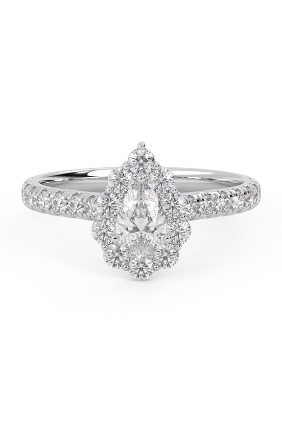 Teardrop Half Eternity Halo Solitaire Engagement Rings for Women, 1.00 Carat (ctw) Pear And Round Cut Lab Grown Diamond Ring In 14K White Gold Over Sterling Silver F-G-H, SI Quality Ring-5.5