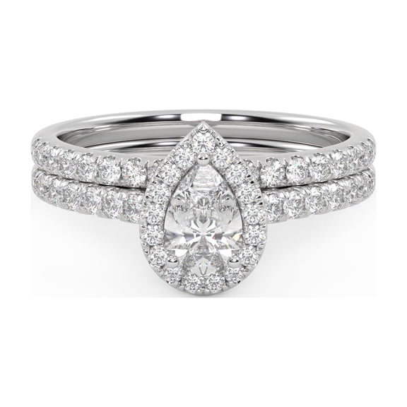 AFFY Teardrop Halo Bridal Ring Set for Women Center 6X4mm Pear Cut Lab Created Moissanite Engagement Wedding Ring in 14K Solid White Gold Size-7