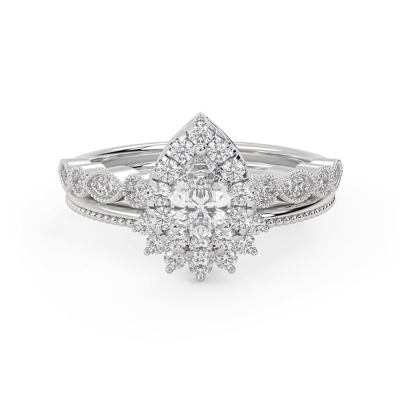 AFFY Teardrop Halo Bridal Set Rings for Women 6X4MM Pear and Round Lab Created Moissanite Engagement Wedding Ring Jewelry Gift for Her In 10K Solid White Gold Size 6