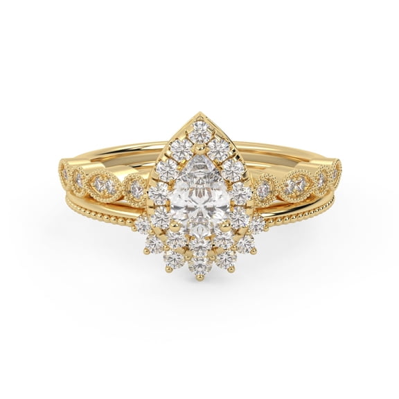 AFFY Teardrop Halo Bridal Set Rings for Women 6X4MM Pear and Round Lab Created Moissanite Engagement Wedding Ring Jewelry Gift for Her In 10K Solid Yellow Gold Size 6.5