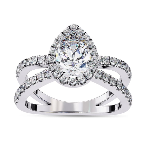 AFFY Teardrop Halo Solitaire Engagement Ring for Women Center 9x6mm Pear and Round Lab Created Moissanite Split Shank Wedding Anniversary Ring in 14K White Gold Plated 925 Sterling Silver Size-7