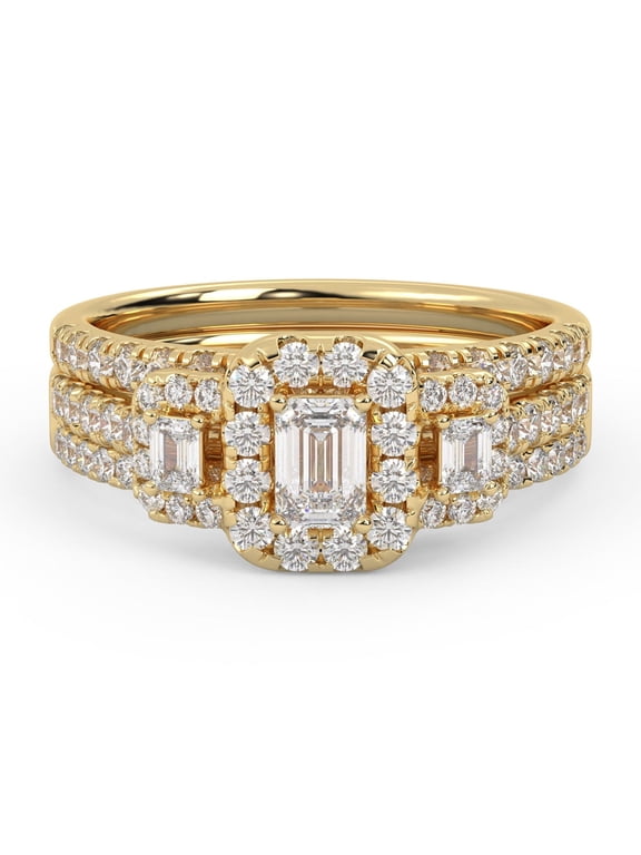Three Stone Halo Bridal Set Rings for Women, 1.15 Carat (ctw) Emerald And Round Lab Grown Diamond Engagement Wedding Ring 14K Yellow Gold Over 925 Sterling Silver F-G-H, SI Quality Size-7.5