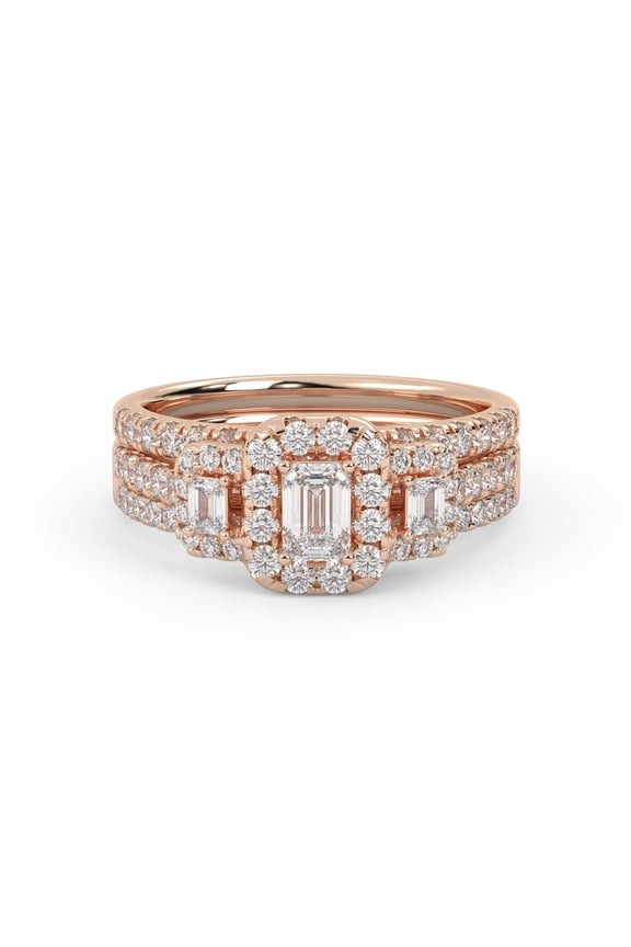 Three Stone Halo Bridal Set Rings for Women Center 4X3MM Emerald and Round Lab Created Moissanite Engagement Wedding Ring Jewelry Gift for Her In 10K Solid Rose Gold Size 10