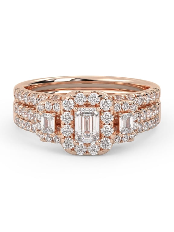 Three Stone Halo Bridal Set Rings for Women Center 4X3MM Emerald and Round Lab Created Moissanite Engagement Wedding Ring Jewelry Gift for Her In 14K Rose Gold Over Sterling Silver Size 9.5