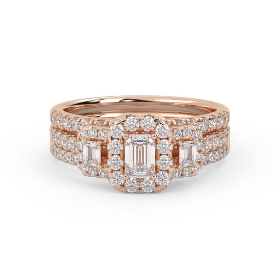 AFFY Three Stone Halo Bridal Set Rings for Women Center 4X3MM Emerald and Round Lab Created Moissanite Engagement Wedding Ring Jewelry Gift for Her In 14K Solid Rose Gold Size 9