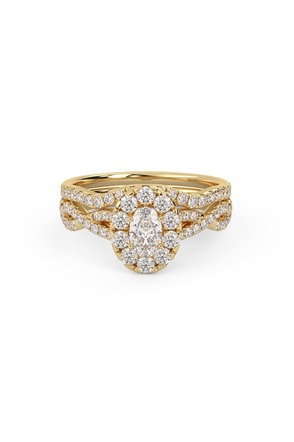 Twisted Infinity Halo Solitaire Bridal Ring Set for Women Center 5.5X3.5MM Oval and Round Lab Created Moissanite Engagement Wedding Rings In 10K Solid Yellow Gold Size 5
