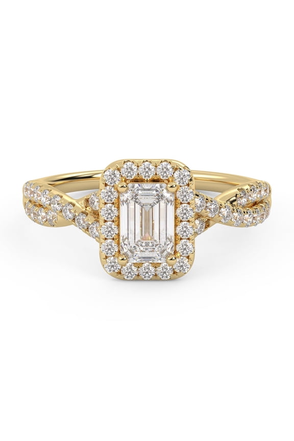 Twisted Infinity Halo Solitaire Engagement Rings for Women, 1.00 Carat (ctw) Emerald And Round Lab Grown Diamond Ring In 10K Solid Yellow Gold F-G, VS-SI Quality Size-7