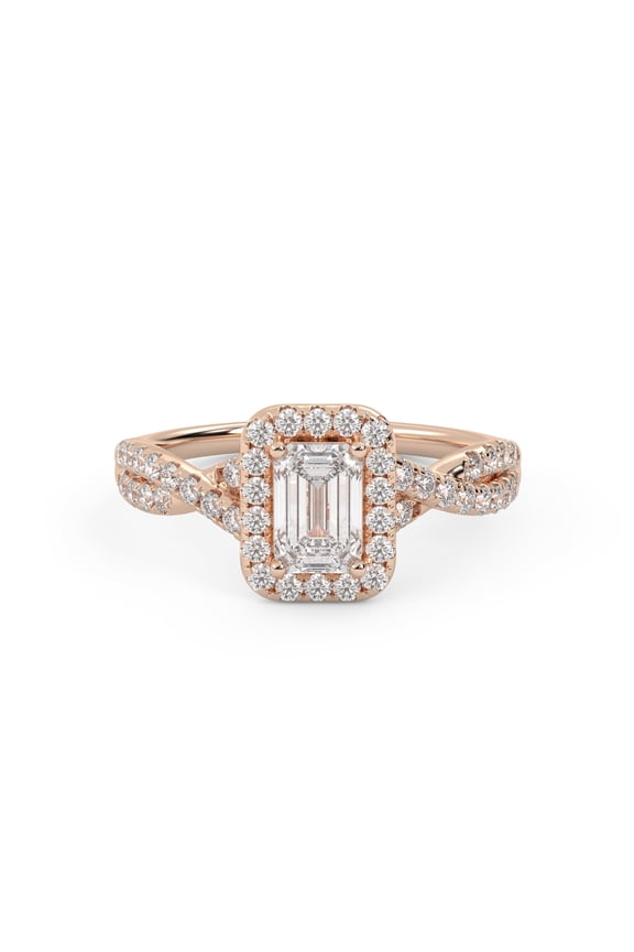 Twisted Infinity Halo Solitaire Engagement Rings for Women, 6x4MM Emerald and Round cut Lab Created Moissanite Ring In 14K Rose Gold Over Sterling Silver Ring Size-5