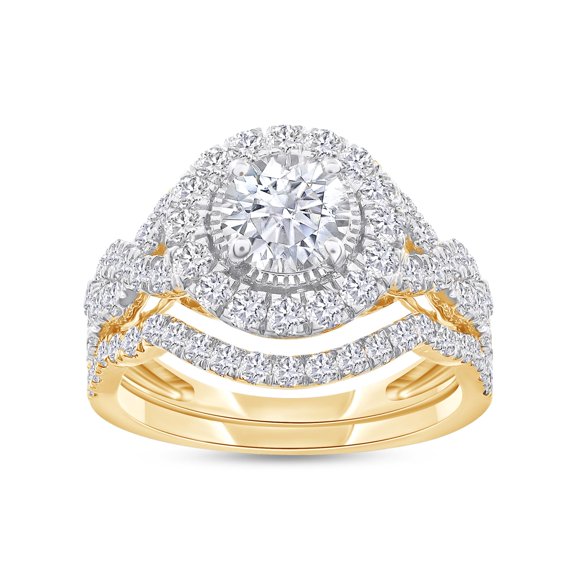 AFFY Twisted Shank Bridal Set Ring For Women 1.00 Cttw Round Shape Lab Grown Diamond Halo Engagement Rings in 14K Yellow Gold Plated Vermeil Jewelry Size-9.5