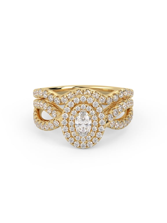 Twisted Shank Double Halo Bridal Set Ring for Women, 1.00 Carat (ctw) Lab Grown Diamond Engagement Wedding Ring 14K Yellow Gold Over Sterling Silver F-G-H, SI Quality Ring Size-9