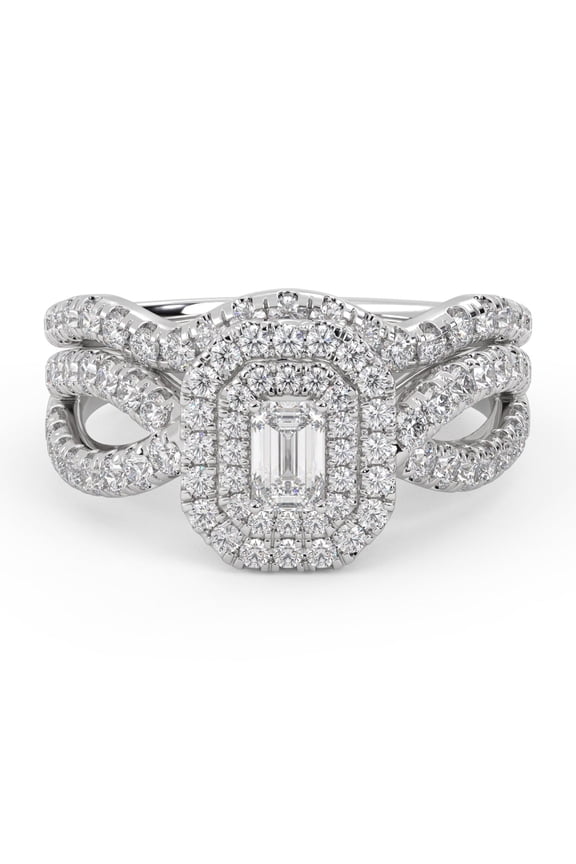 Twisted Shank Double Halo Bridal Set Ring for Women, 1.10ctw Emerald Cut Lab Grown Diamond Engagement Wedding Ring 14K White Gold Over Sterling Silver F-G, VS-SI Quality Ring Size-9