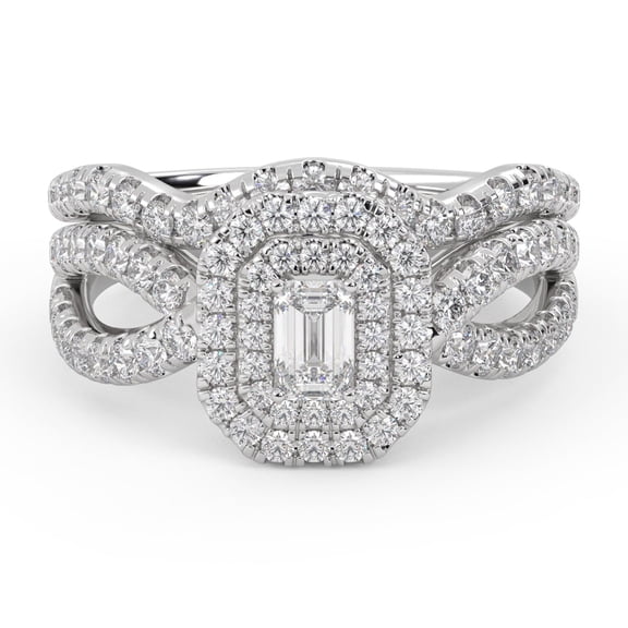 AFFY Twisted Shank Double Halo Bridal Set Ring for Women, 1.10ctw Emerald Cut Lab Grown Diamond Engagement Wedding Ring 14K White Gold Over Sterling Silver F-G, VS-SI Quality Ring Size-9
