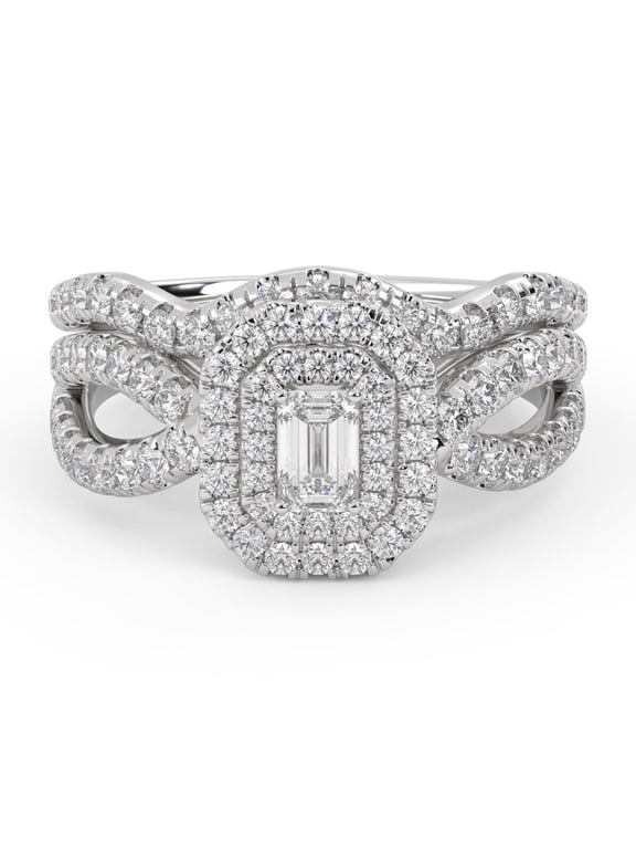 Twisted Shank Double Halo Bridal Set Ring for Women, 1.10ctw Emerald Cut Lab Grown Diamond Engagement Wedding Ring 14K White Gold Over Sterling Silver F-G, VS-SI Quality Ring Size-9