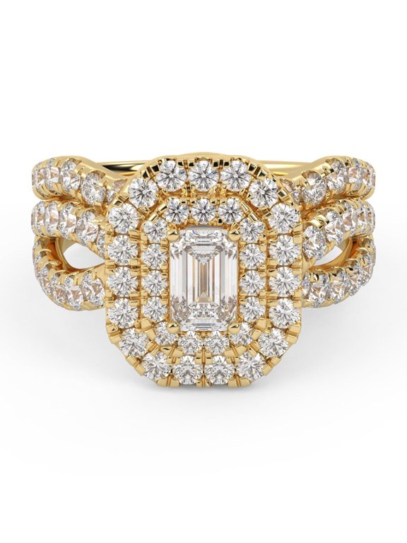 Twisted Shank Double Halo Bridal Set Ring for Women, 2.05ctw Emerald Cut Lab Grown Diamond Engagement Wedding Ring 14K Yellow Gold Over Sterling Silver F-G, VS-SI Quality Ring Size-7.5