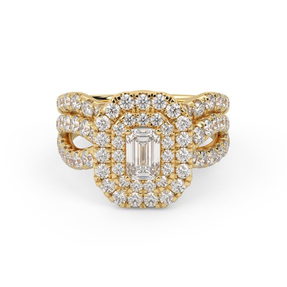 AFFY Twisted Shank Double Halo Bridal Set Ring for Women, Center 6x4mm Emerald and Round Cut Lab Created Moissanite Engagement Wedding Ring in 14K Solid Yellow Gold Size-9.5