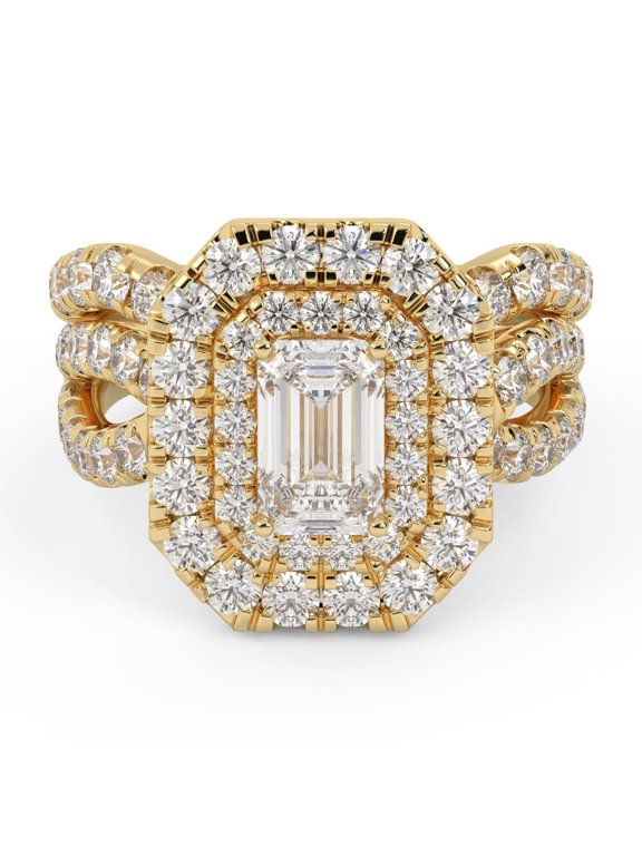 Twisted Shank Double Halo Bridal Set Ring for Women, Center 7x5mm Emerald and Round Cut Lab Created Moissanite Engagement Wedding Ring in 14K Solid Yellow Gold Size-10
