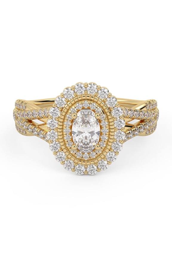 Twisted Shank Double Halo Engagement Ring for Women, IGI Certified 1.00 Carat (ctw) Oval And Round Lab Grown Diamond Ring In 14K Solid Yellow Gold F-G, VS-SI Quality Ring Size-7.5