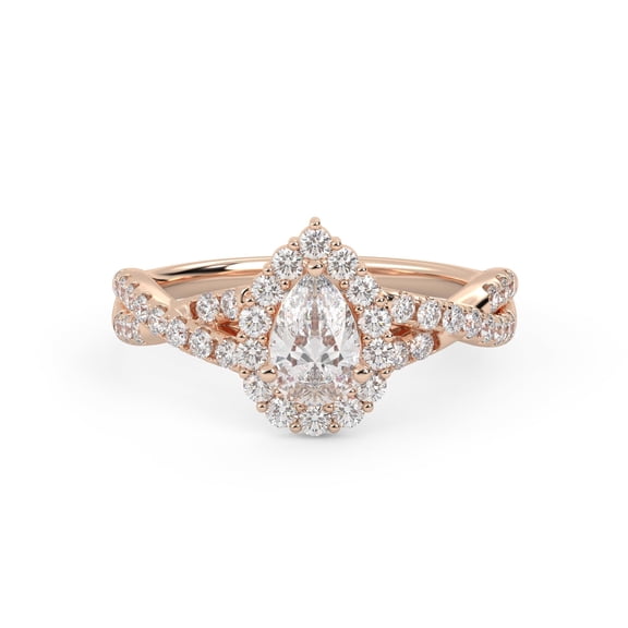 AFFY Twisted Shank Halo Solitaire Engagement Ring for Women, Center 6.5x4.5mm Pear and Round cut Lab Created Moissanite Ring In 10K Solid Rose Gold Ring Size-9