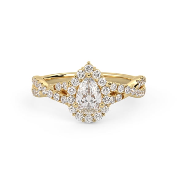AFFY Twisted Shank Halo Solitaire Engagement Ring for Women, Center 6.5x4.5mm Pear and Round cut Lab Created Moissanite Ring In 10K Solid Yellow Gold Ring Size-4
