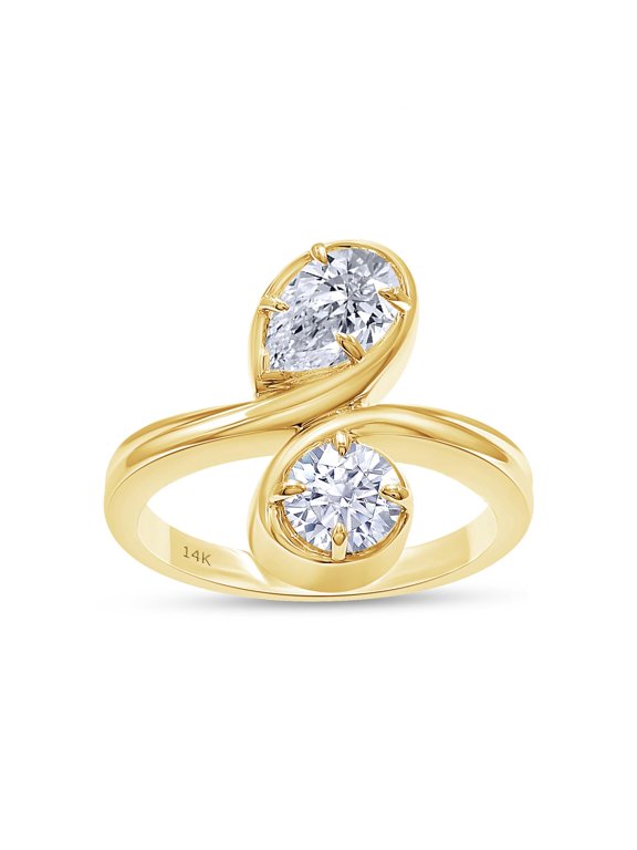 Two Stone Engagement Ring for Women, 1.40 Carat Pear & Round Shape Lab Grown Diamond Solitaire Bypass Wedding Ring In 14K Solid Yellow Gold Jewelry Gifts For Her (1.40 Cttw)-6.5