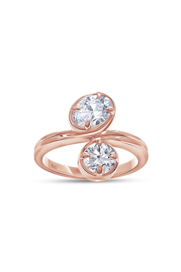Two Stone Engagement Ring for Women, 1.45 Carat Oval & Round Shape Lab Grown Diamond Solitaire Bypass Wedding Ring In 14K Rose Gold Over Sterling Silver Jewelry Gifts For Her (1.45 Cttw)-4