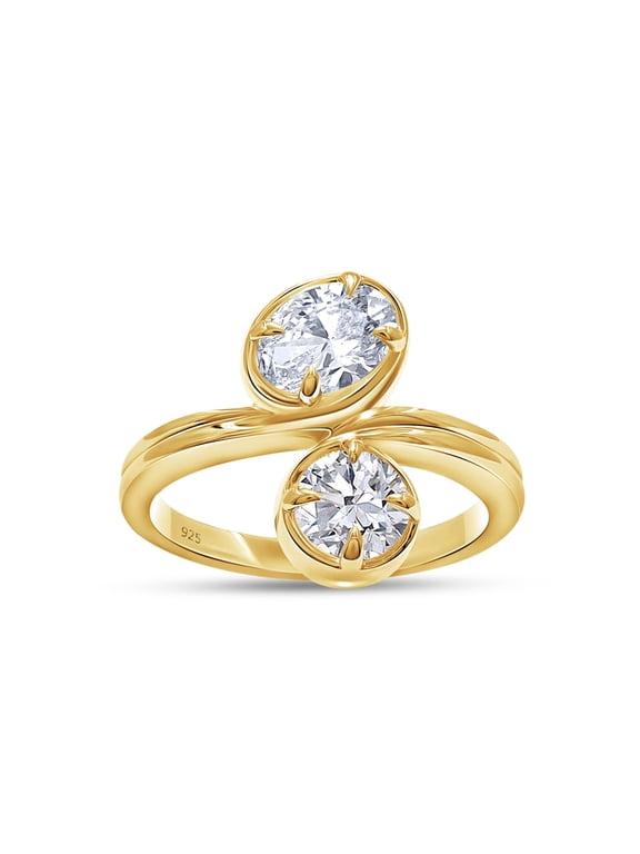 Two Stone Engagement Ring for Women, 1.45 Carat Oval & Round Shape Lab Grown Diamond Solitaire Bypass Wedding Ring In 14K Yellow Gold Over Sterling Silver Jewelry Gifts For Her (1.45 Cttw)-6