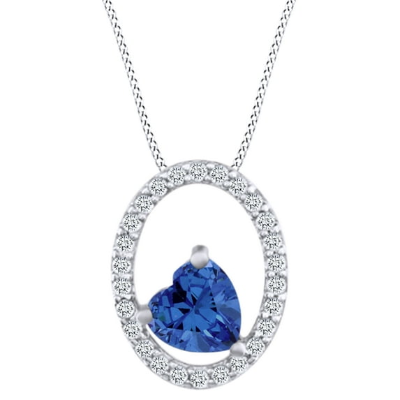 AFFY Valentine's Day 1/10 Cttw White Diamonds With Heart Shape Simulated Blue Sapphire CZ 10K Solid White Gold Pendant Necklace