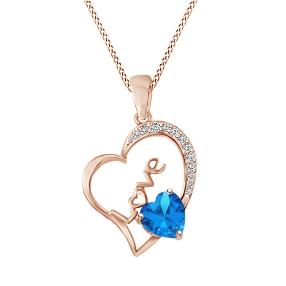 AFFY Valentine's Day Gift Heart Shape Simulated Blue Topaz & Cubic Zirconia Heart Love Pendant Necklaces In 14K Rose Gold Over Sterling Silver