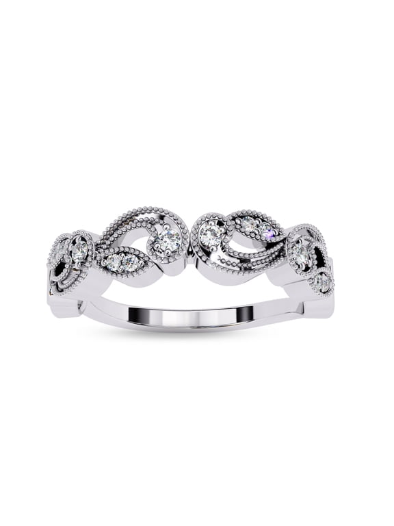 Vintage Style Half Milgrain Wedding Band Ring for Women, 0.10 Carat (ctw) Round Cut Lab Grown Diamond Ring In 14K White Gold Over Sterling Silver F-G-H, SI Quality 1/10 ctw Ring Size-4