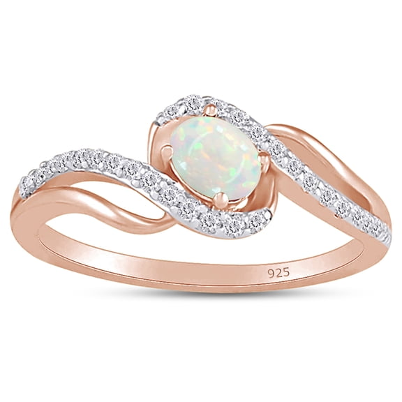 AFFY Wave Design, Oval Cut Lab Created Opal And Simulated White Sapphire Bypass Frame Promise Ring In 14k Rose Gold Over Sterling Silver Ring Size-8.5