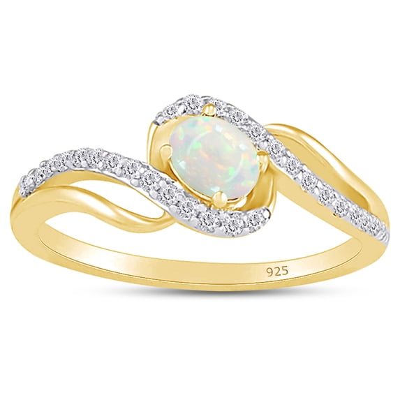 AFFY Wave Design, Oval Cut Lab Created Opal And Simulated White Sapphire Bypass Frame Promise Ring In 14k Yellow Gold Over Sterling Silver Ring Size-5.5