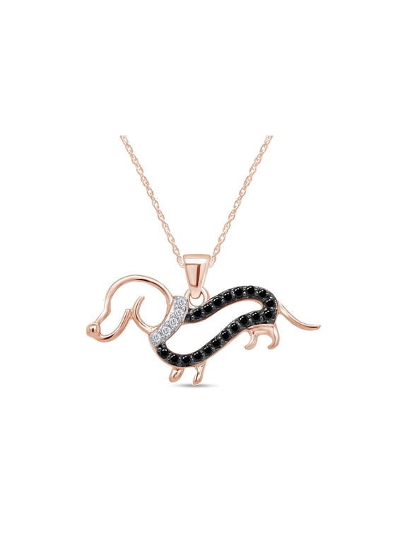 White & Black Natural Diamond Dachshund Dog Pendant Necklace in 14k Rose Gold Over Sterling Silver (0.25 Ct)