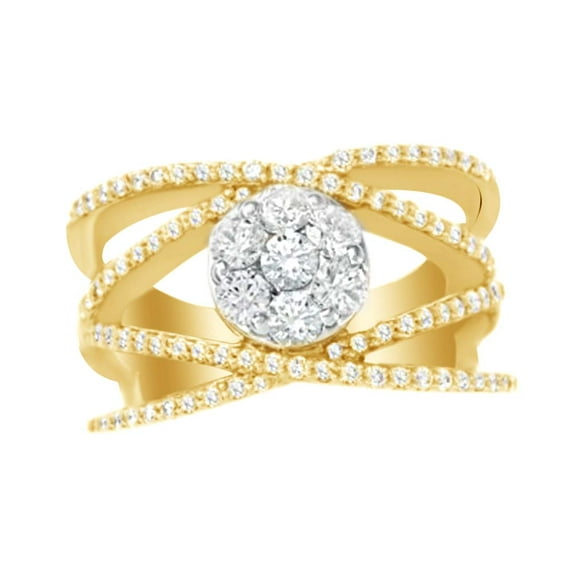 AFFY White Cubic Zirconia Cluster Crossover Ring In 14k Yellow Gold (1 Cttw)