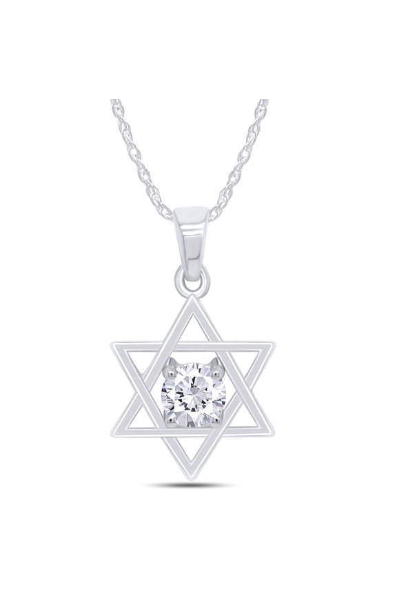 White Cubic Zirconia Jewish Star of David Pendant Necklace in 14K White Gold Over Sterling Silver