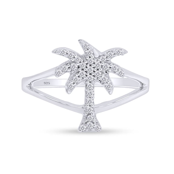 AFFY White Cubic Zirconia Palm Tree Shape Band Ring In 14k White Gold Over Sterling Silver
