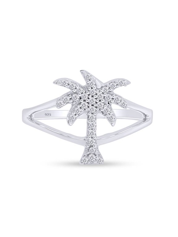 White Cubic Zirconia Palm Tree Shape Band Ring In 14k White Gold Over Sterling Silver