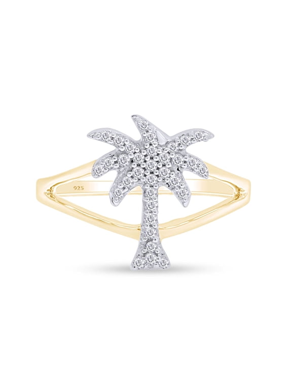 White Cubic Zirconia Palm Tree Shape Band Ring In 14k Yellow Gold Over Sterling Silver