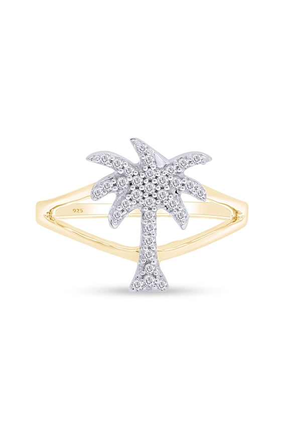 White Cubic Zirconia Palm Tree Shape Band Ring In 14k Yellow Gold Over Sterling Silver
