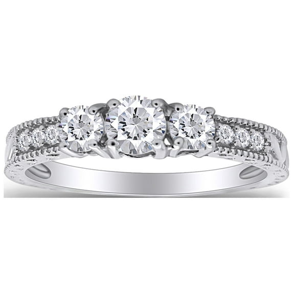 AFFY White Cubic Zirconia Vintage Style Three Stone Womens Promise Ring 14k White Gold Over 925 Silver