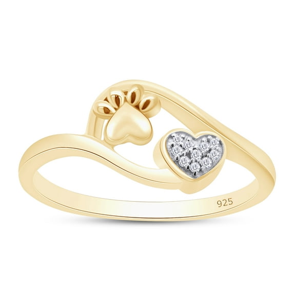 AFFY White Natural Diamond Accent Paw Print Heart Ring In 14k Yellow Gold Over Sterling Silver