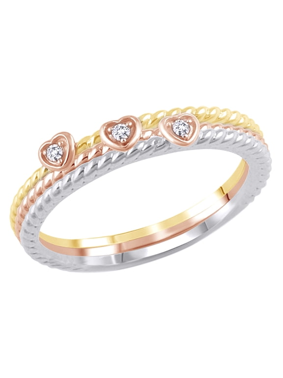 White Natural Diamond Accent Rope Textured Heart Stackable Three Ring Set in 10K Tri-Tone Solid Gold
