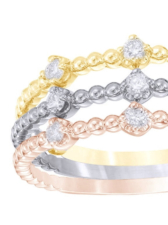 White Natural Diamond Beaded Stackable Three Ring Set in 10k Tri-Tone Solid Gold