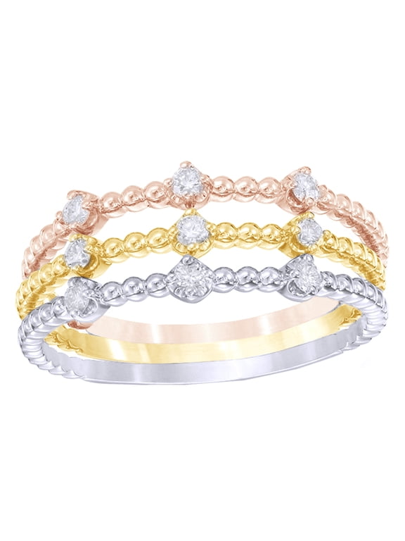 White Natural Diamond Beaded Stackable Three Ring Set in 10k Tri-Tone Solid Gold